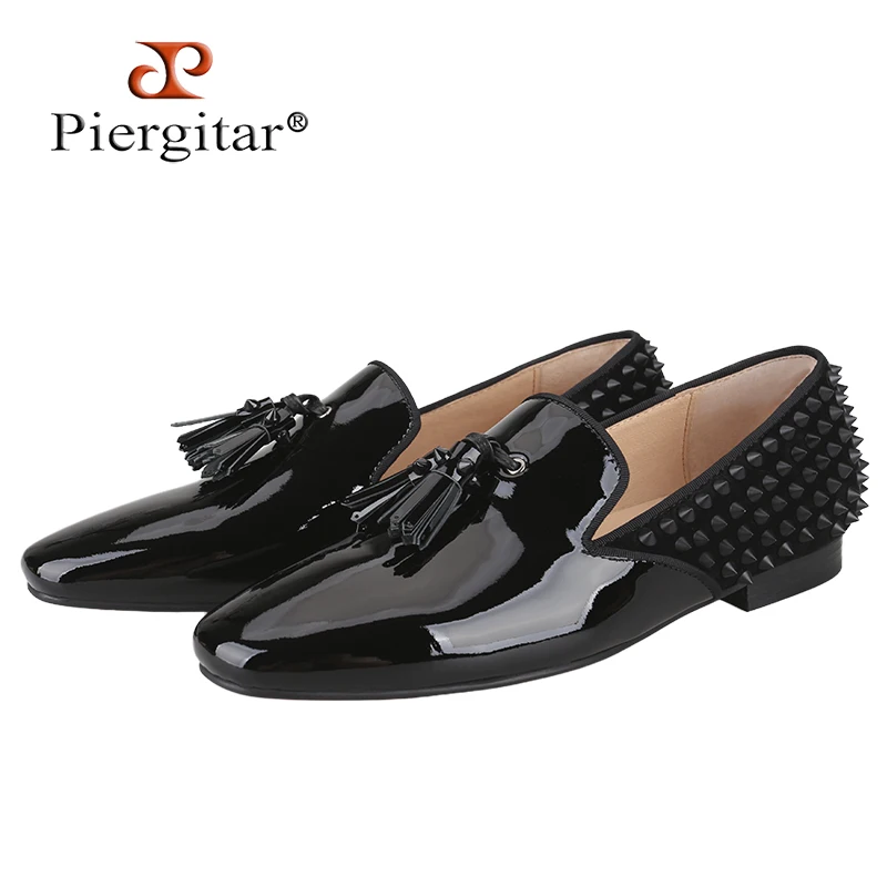 Piergitar Black Patent Leather Patchwork Suede Slip-On Tassels Loafers CL Brand Red Bottom Handmade Men's Spiked Design Slippers