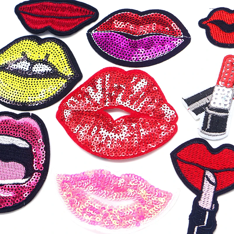 2 Pcs Fashion Shiny Sexy Lips Lipstick Sequin Icon Embroidered Applique For Clothing DIY Iron on Patches on the sticker