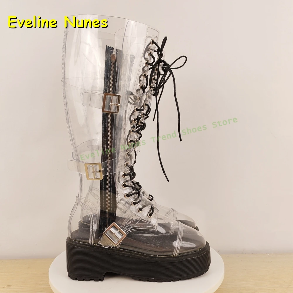 Image of Damen Y2K Mode Kniehohe Stiefel 2025, transparentes PVC, Kreuzgebunden, Punk-Stiefel, runde Zehen, klobige Absätze, Schnürung, Plattform, Patchwork