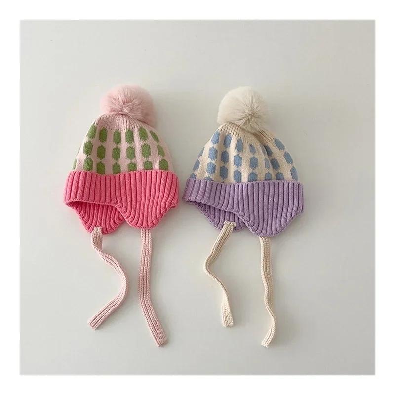 

Girls Knitted Hat Korean Style Straps Large Pom Pom Cap Colorful Checkered Earflap Beanie Children Autumn Winter Warm Hat