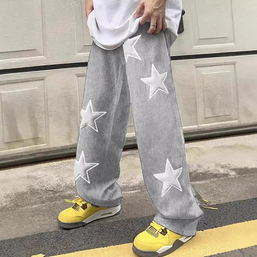 Y2k Vintage Casual Pants Streetwear Work Pants Straight Leg Wide Leg Pants Star Puff Print Hip-Hop High Street School Outift