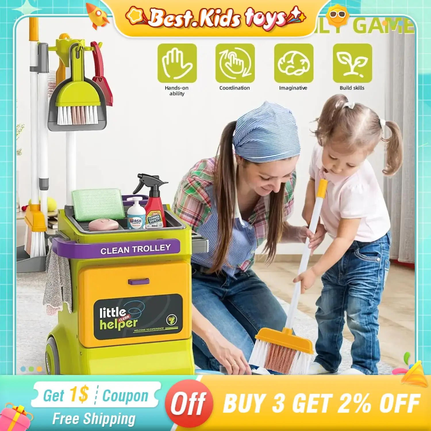 

Simulation Cleaning Mop Tool Set Toy Detachable Pretend Play House Cleaning Cart With Vacuum Broom Spray Bottle Educational Game
