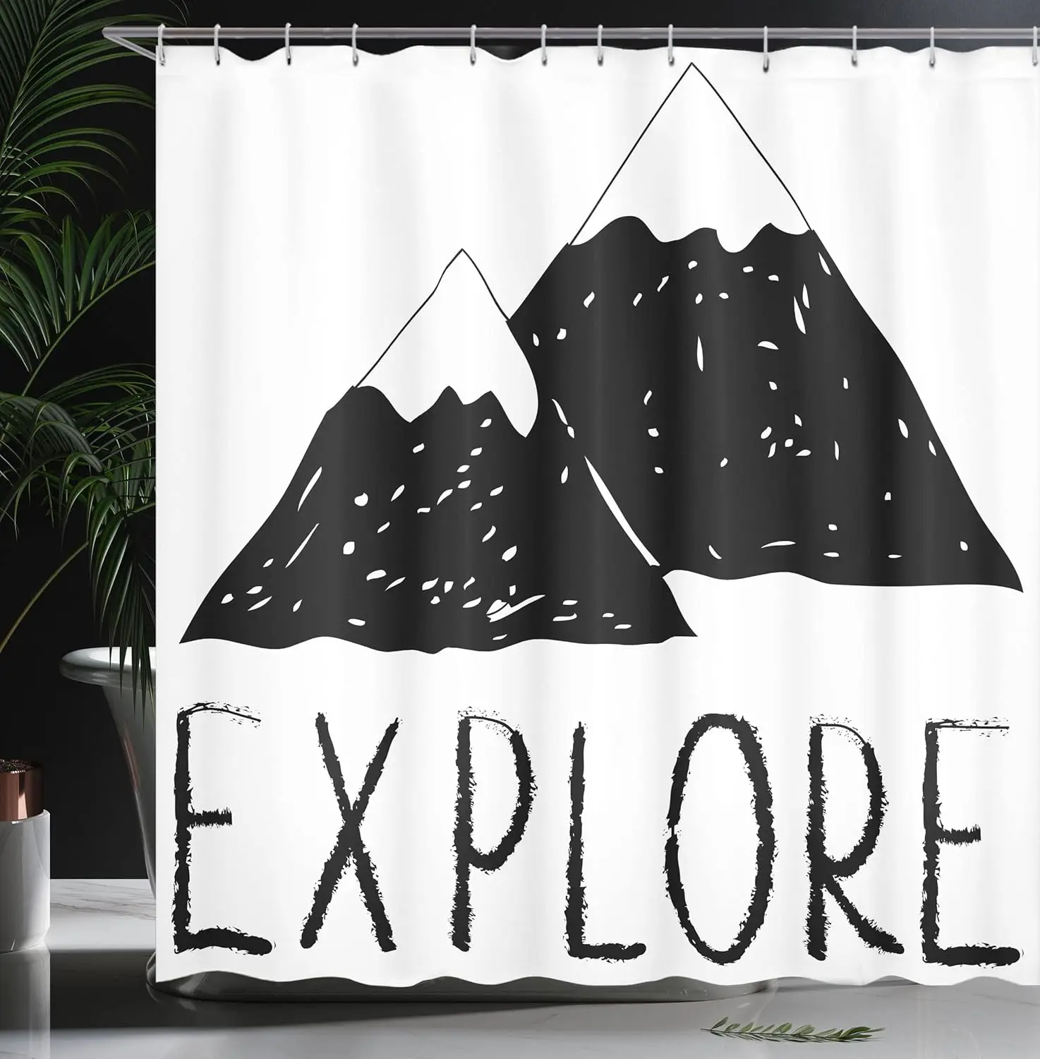 

Adventure Shower Curtain, Explore Lettering Wild Forest Hand Drawn Simple Mountains Nature Theme, Cloth Fabric Bathroom Decor