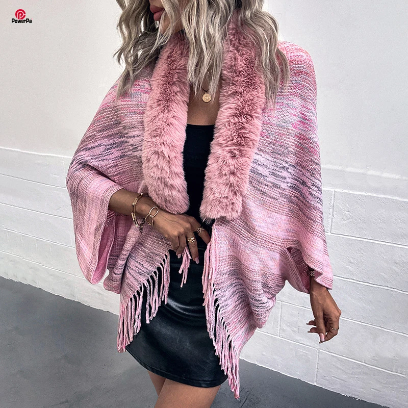 

Fashin Soft Faux Fur Collar Cardigan Cape Knit Rainbow Stripes Bat Sleeves Cloak Coat Women Spring Autumn Wraps Tassels