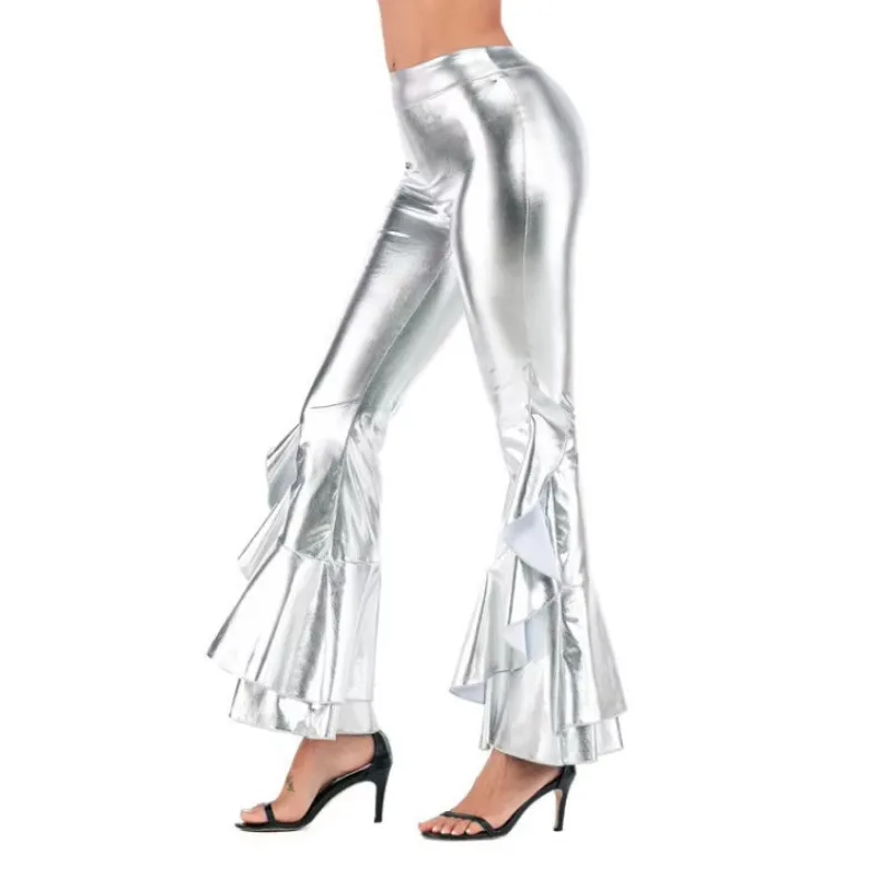 Dameskostuums Sexy PU-leer Metallic Flare-broek Glanzende meisjes elastische taille Bell Bottom-broek Clubwear Carnaval Disco Party