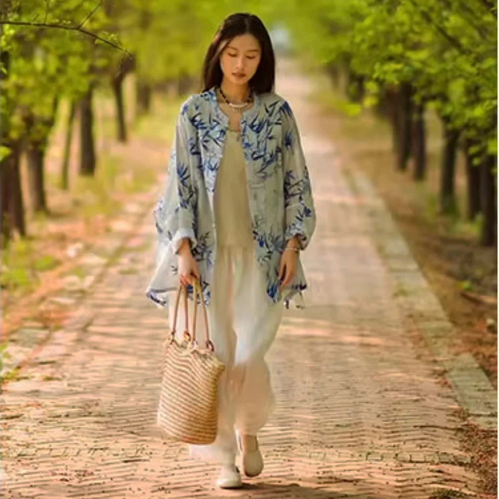 Print Dunne Jas Kimono Vintage Chinese Kikker Knop Halflange Zonbeschermende Shirt Vrouwen Zomer Losse Grote Ramee tops