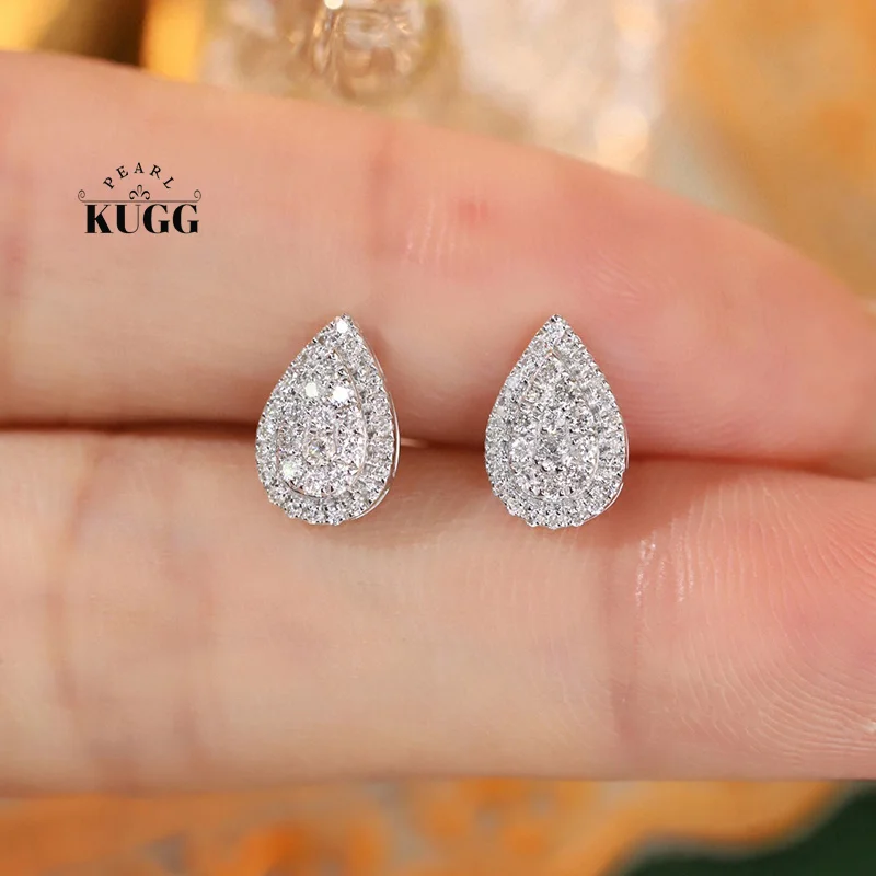 KUGG 100% 18K White Gold Earrings Shiny Classic Design 0.30carat Real Natural Diamond Stud Earrings for Women High Party Jewelry