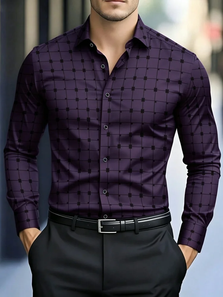 Men's checkered long sleeved shirt with collar and grid print shirt, European and American business commuting men's top