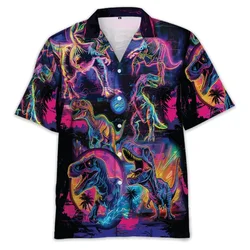 Dinosaur Cat Pattern Hawaiian Shirt For Men Funny Animal 3D Printed Aloha Shirts Fashion Lapel Tops Kids Blouses Short Sleeves