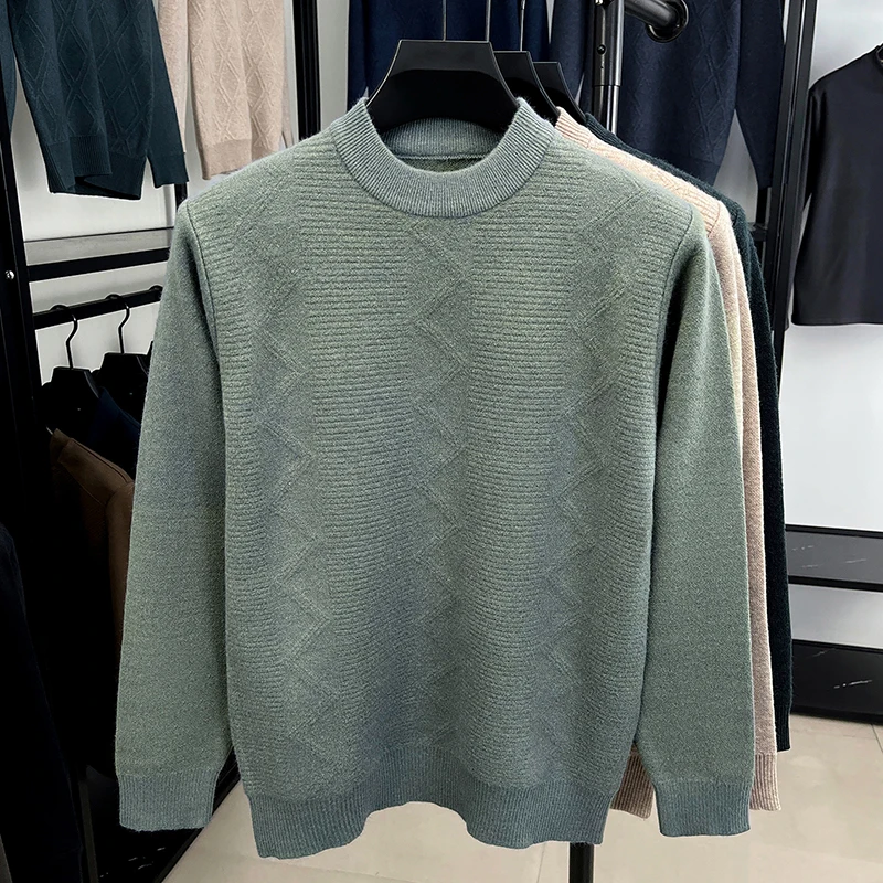 

High quality solid color jacquard knitted pullover fashion luxury round neck sweater warmth skin friendly comfort new men's wear