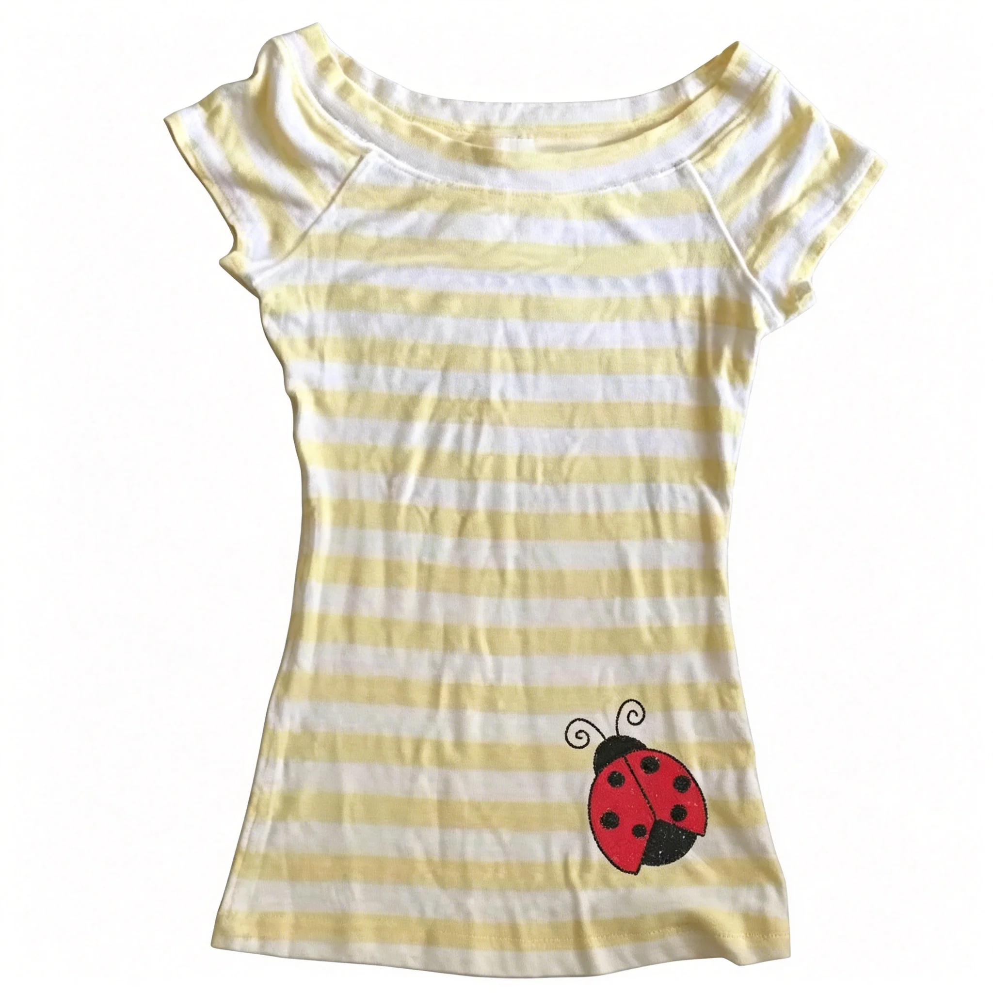 Y2K Striped Ladybug T Shirt Women Cute Baby Tee Round Neck Short Sleeve Slim Fit Sweet Aesthetic Vintage Summer Casual Top
