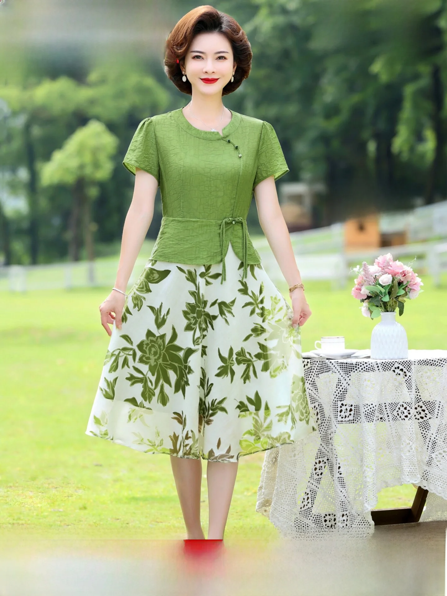Picture 4: Ele Midlife Mom Summer Dr Faionable Senior Women's Clothing Breathable Lightweight Printed Dr with Button Detail