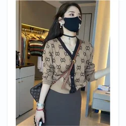 Women's Sweater Cardigan Spring and Autumn Printing Women's Jacket Korean Winter Warmth Knit Cardigan Women's Sweater Retro