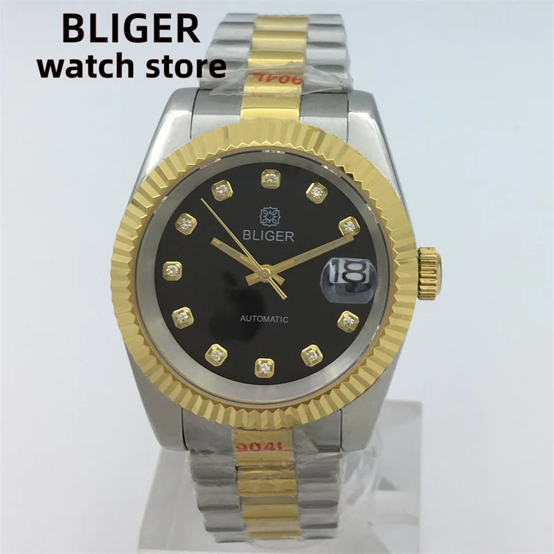 

BLIGER NH35A36mm / 39mm Men's Watch Silver Gold two-tone Presidential Bracelet Diamond Index Sapphire Glass Gold notched bezel