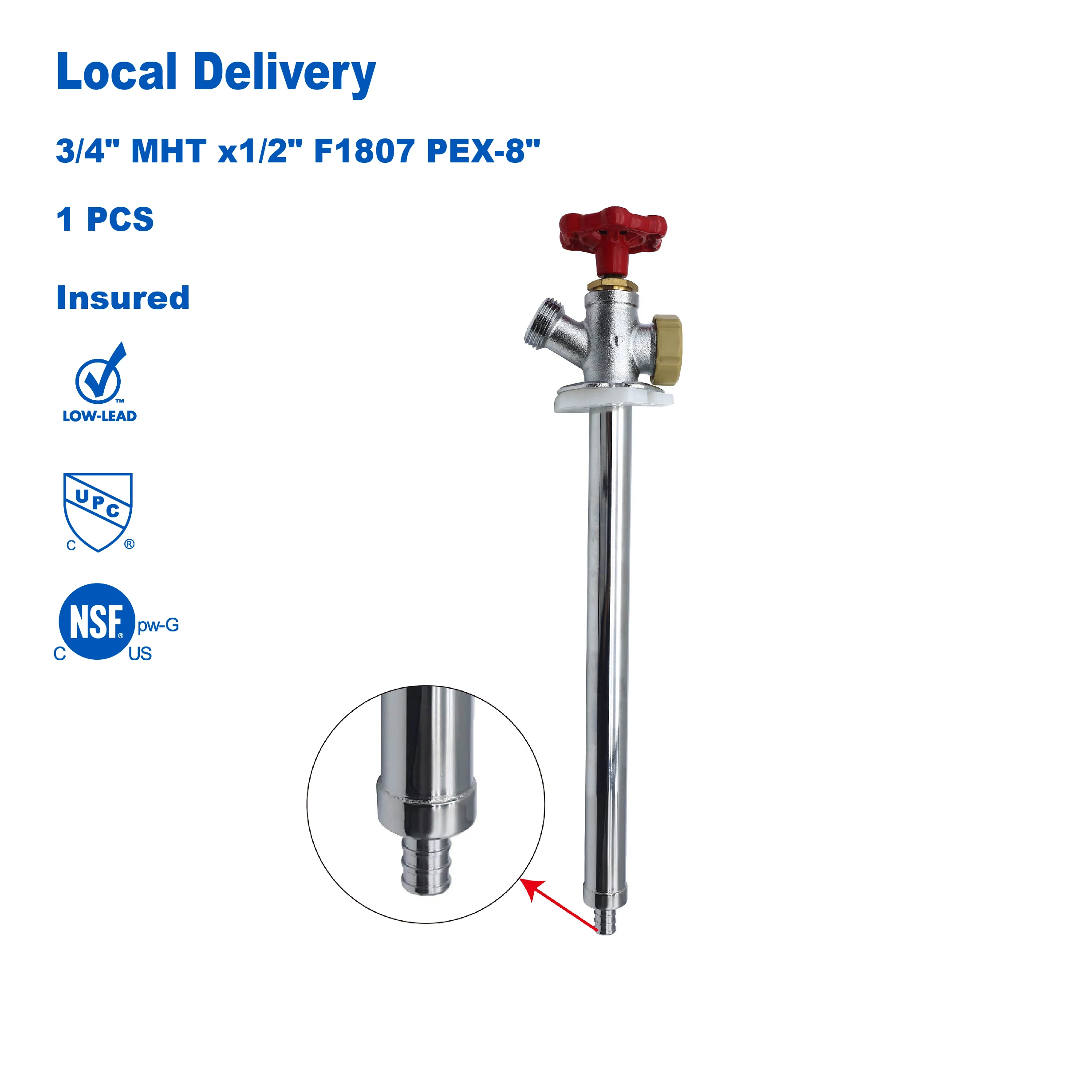 

KING SMART (1pcs pack) Frost Free Silcock 1/2" F1807 PEX connect 8" Length; 3/4" MHT; 81366