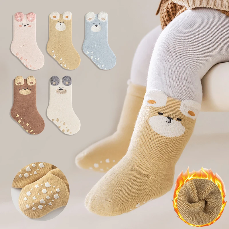 3/5 Pairs Warm Anti-slip Baby Socks Cartoon Design Soft Cotton Newborn Floor Socks Non-slip Thicked Socks for Toddlers Indoor