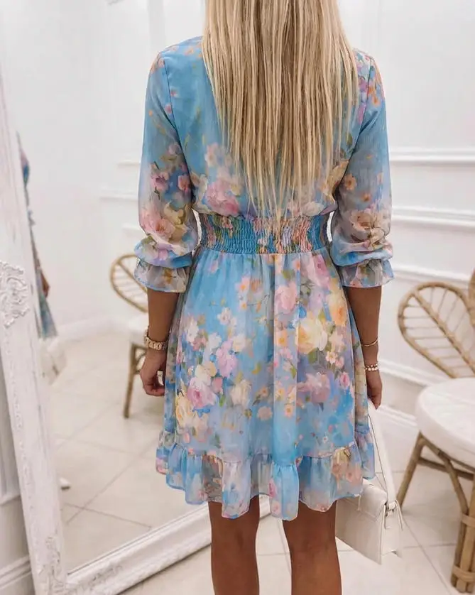 

Fashionable and Elegant Printed V-Neck Three-Quarters Sleeve Pleated Waist Hem Cinched Waist Dress for Women