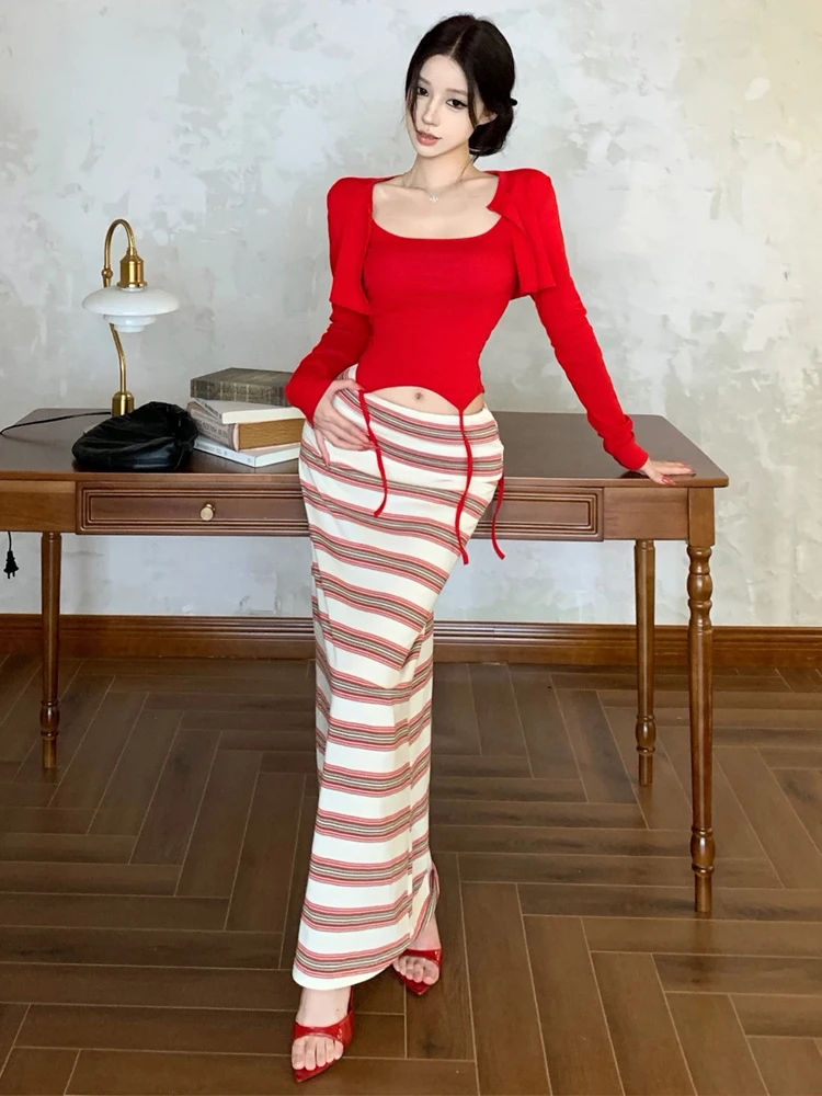 

Casual Fashion Irregular Sleeveless Vest Long Sleeve Open Cardigan Slimming Wrap Strip Long Skirt Set Women's Autumn Spring Wear