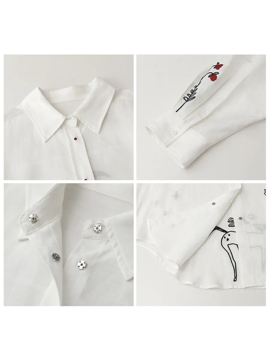 Women's White Long Sleeve Blouse with Pony Embroidery