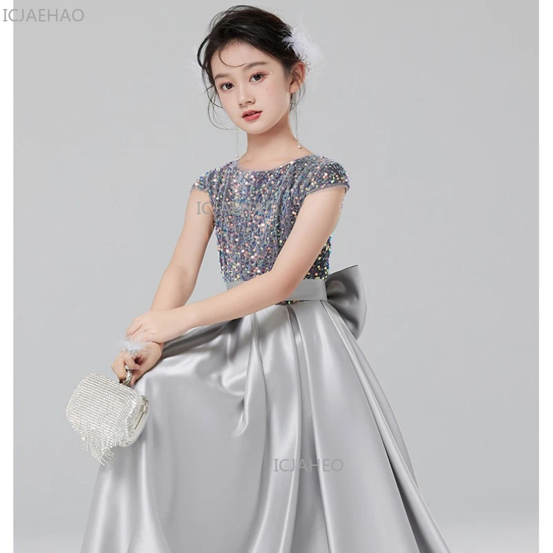 2026 Girls Short Sleeve Princess Dress Piano Host Performance Party Celebration Evening Costume Gown First Birthday Kids Formal