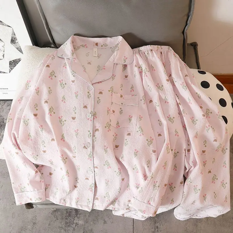 Kawaii women's long-sleeve pajamas Long Sleeve Top & Elastic Waist Pants Sleepwear wear outsides