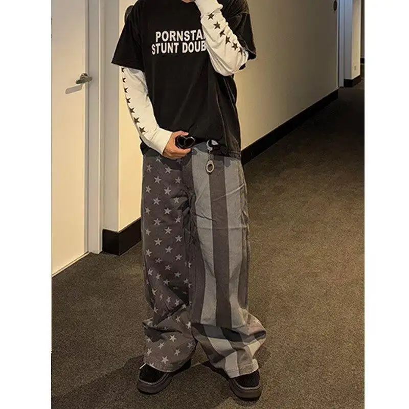 Men's Star Print Asymmetric Design Casual Pants Summer Streetwear Wide-leg Trousers Boy Bottom Male High Waist Sweatpants