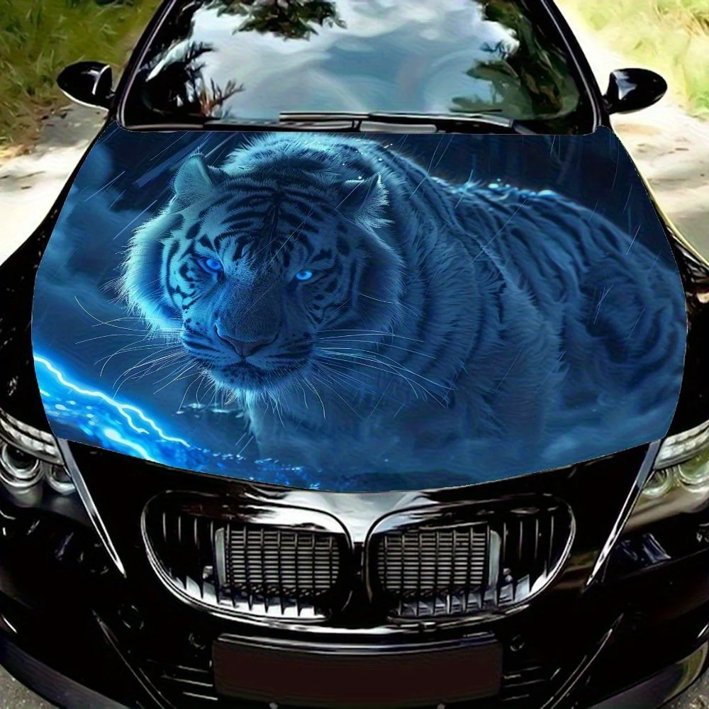 

Eye-Catching, Blue Lightning White Tiger Vinyl Car Decal - Durable & Fade-Resistant Hood Wrap Decal, Easy Clean, UV Protected -