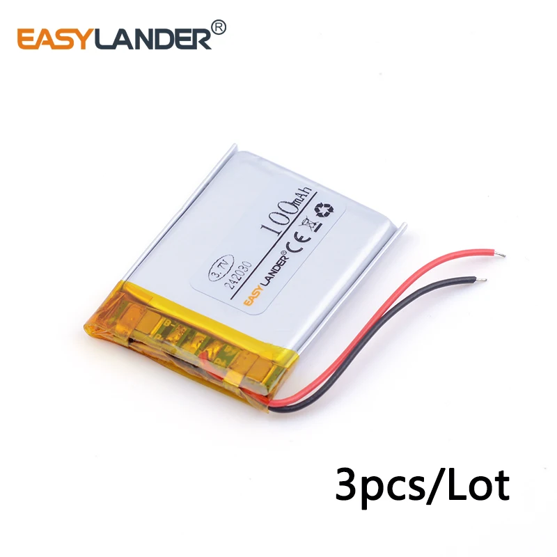 3pcs /Lot 3.7v lithium Li ion polymer rechargeable battery 242030 100mAh Bluetooth mini speaker small toys spreadsheet