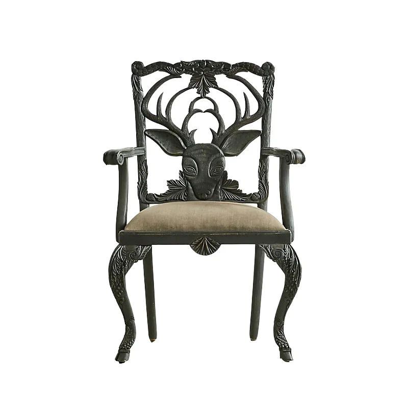 

Classic Carving Dining Chairs Solid Wood Study Back Animal Armrest Single