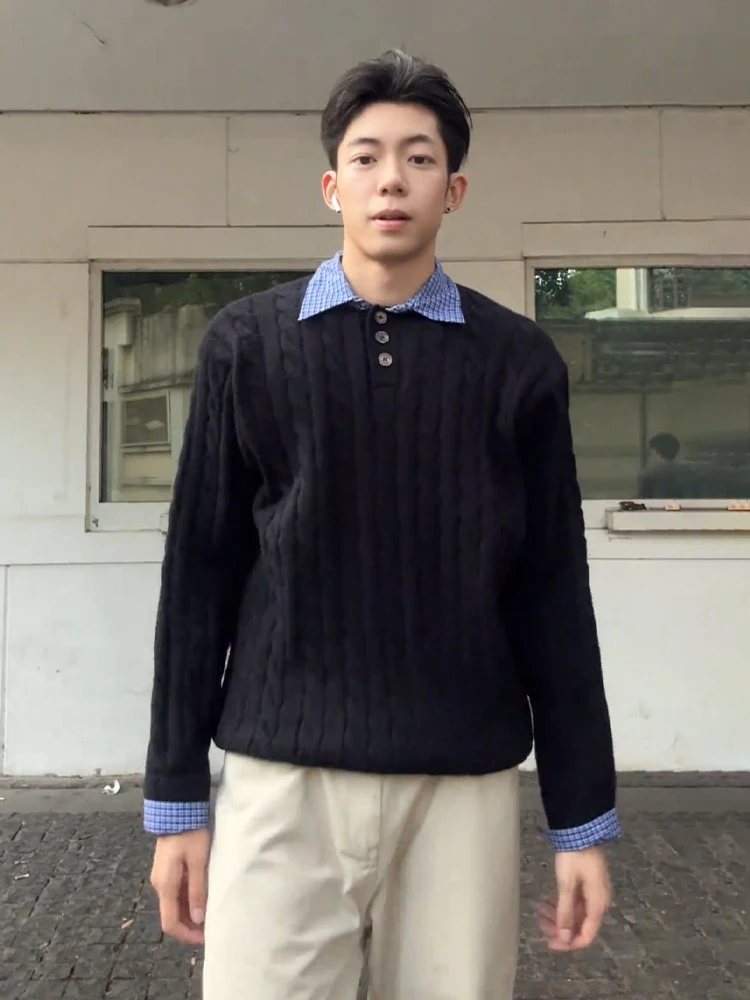 

Ykee Men's Knitted irt Collar Sweater Casual Sle Plaid Patterned Fake Two-Piece Sle Comfortable Loose Fit Autumn Wear