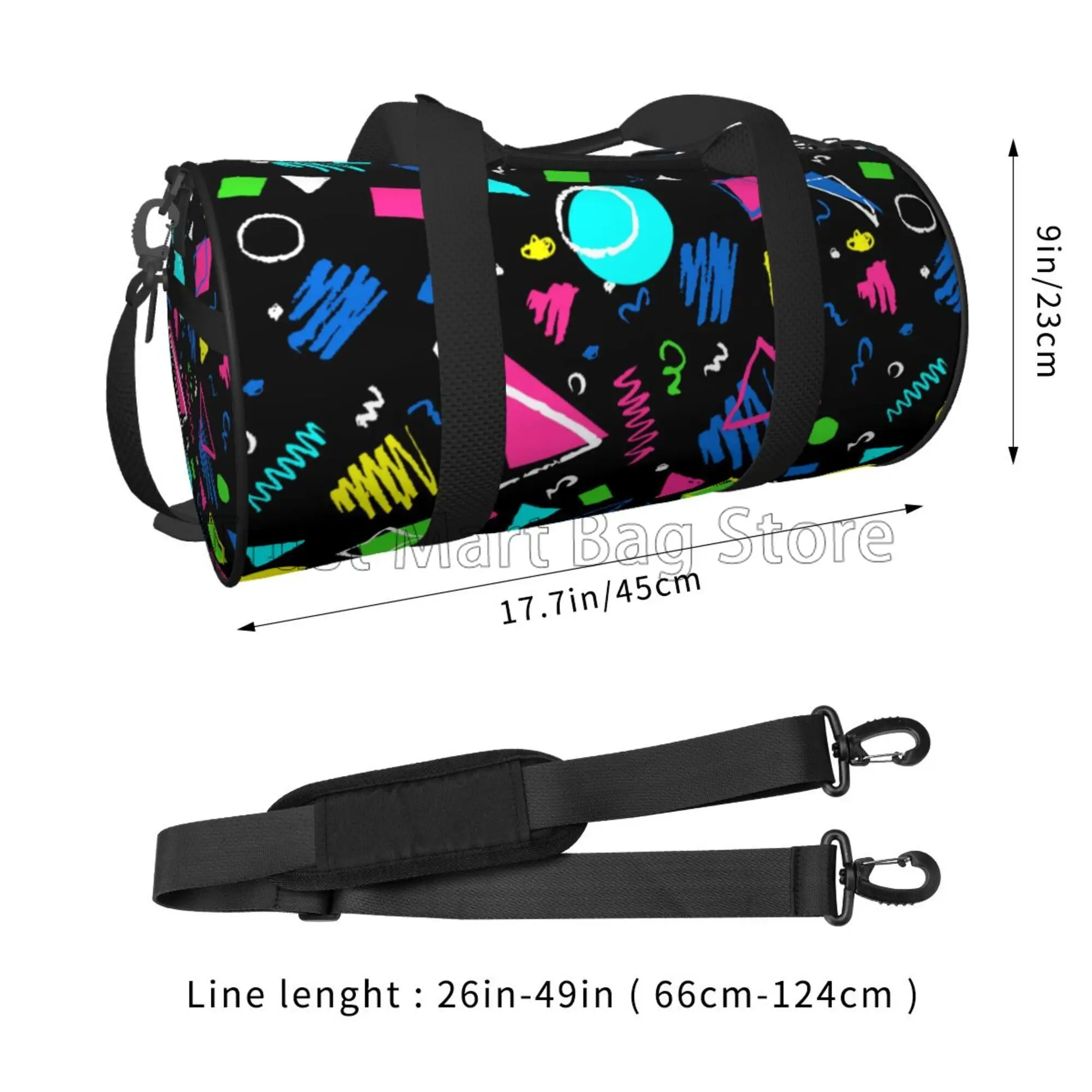 Mochila de viagem com alça de ombro ajustável, grande Weekender Overnight Bags, Sports Gym Bag, retro, geométrica, 80s, 90s Fashion