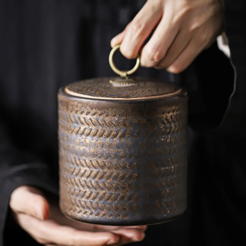 

Tea Sealed storage tank Porcelain sealed jar Tea storage jar Rough pottery imitation bamboo woven pattern Vintage Ceramic jars