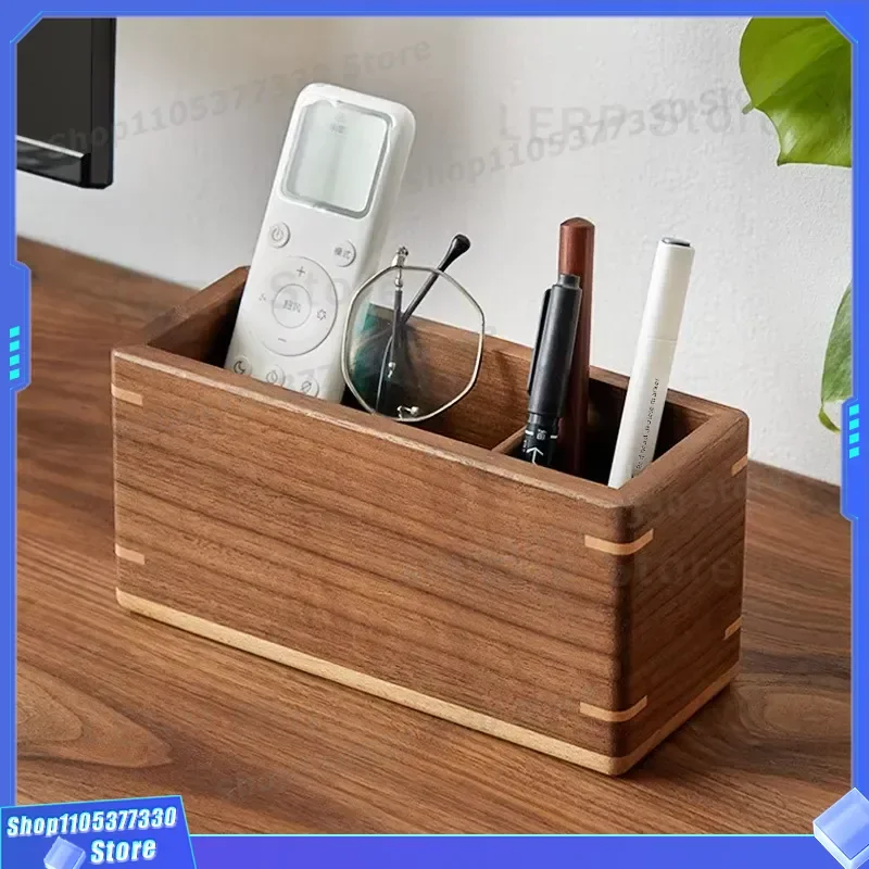 Japanese Style Wooden Rectangular Desktop Organizer Box for Remote Control Office Coffee Table Storage with Compartments for