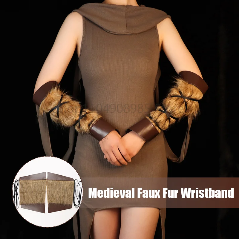 

1 Pair Vintage Medieval Wristband Faux Fur Viking Knight Wristband Asymmetrical Shape Fur Bracers Halloween Costume Props