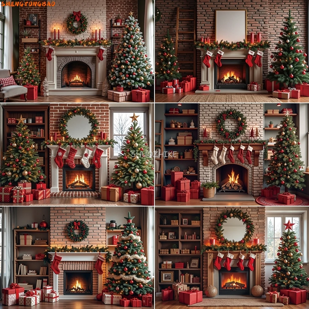 

Baby Christmas Backdrops Fireplace Tree Teddy Bear Backgrounds Children's 2025 Home Party Photography Studio Supplies