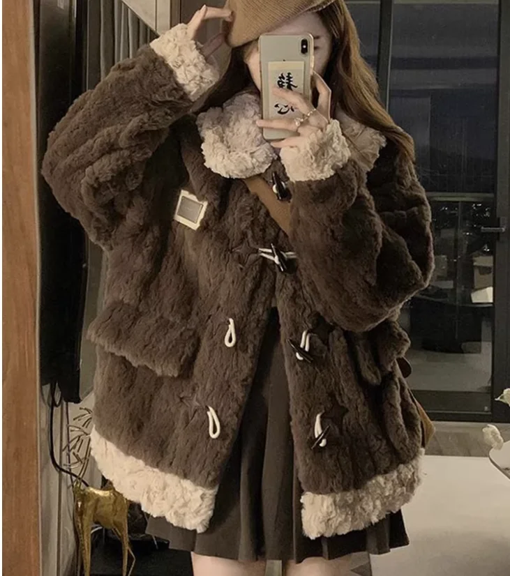 Plus Size Dames Herfst Winter Kunstmatig Lam Leeftijdverlagende Bruine Jas Mode Verdikte Lange Mouwen Vrije Tijd Geribbelde Jassen