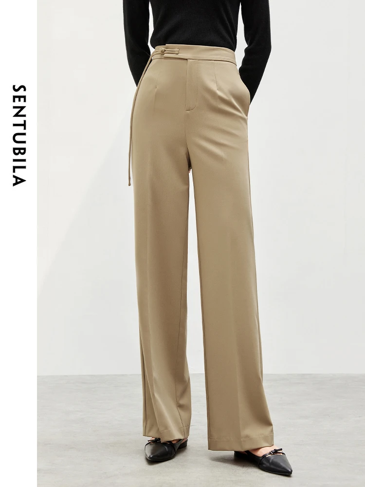 

SENTUBILA Office Lady Straight Pants for Women 2024 Autumn Texture Fashion Solid Elastic Waist Simple Women Trouser 143K56198