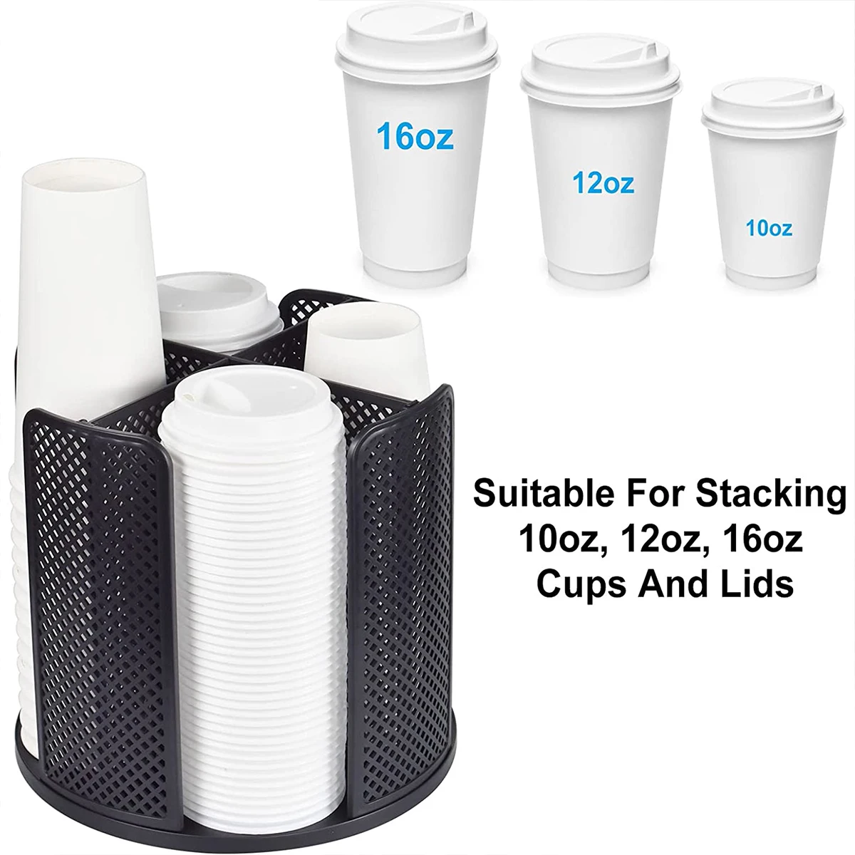 Rotatable Plastic Cup Storage Organizer 360°Dispenser 4 Compartment Cups and Lids Holder Detachable Desktop Coffee Cup Dispenser