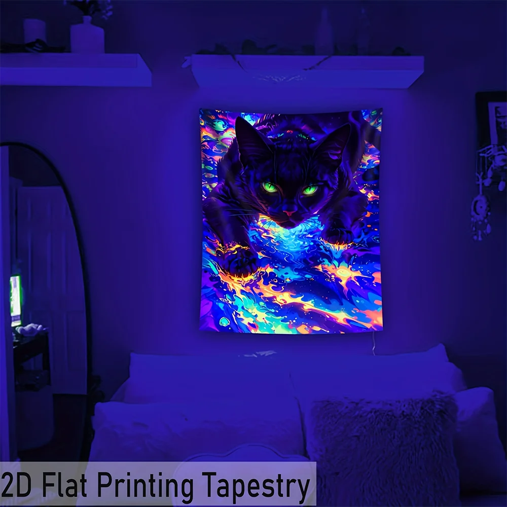 1pc  Black Cat Glow in Dark Blacklight Tapestry, Trippy UV Reactive Psychedelic Wall Hanging for Home Room Decor