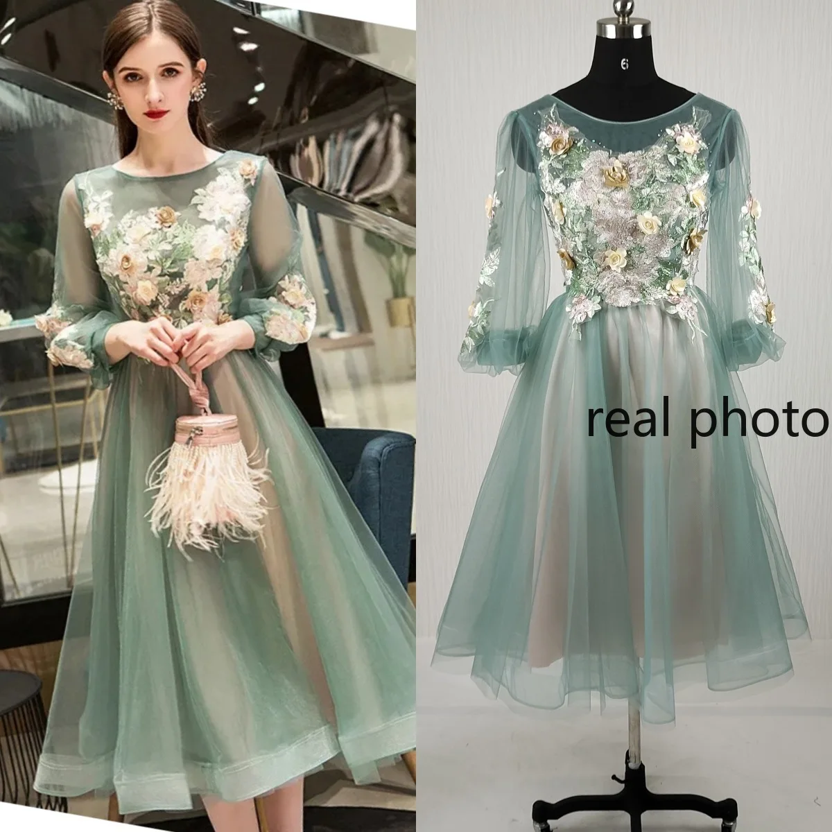 

Cocktail Dress Green Floral Appliques O-neck 3/4 Sleees Lace up Robe A-Line Knee-Length Plus size Women Party Formal Gown E773