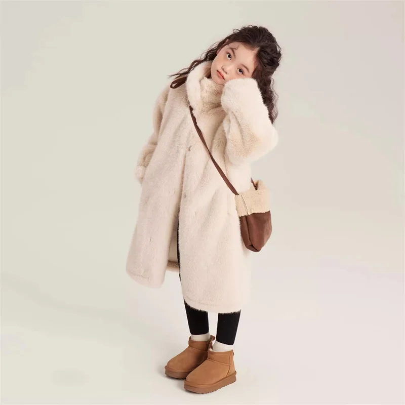 Girls Winter Fur Coats 2024 New Children Thicken Warm Outerwear Kids Fashion Casual Long Jackets Teenager Turtleneck Clothing