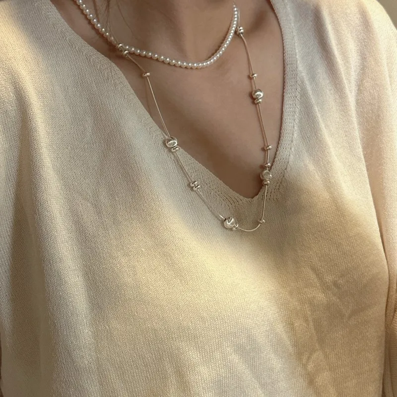 F.I.N.S S925 Sterling Silver Bead Necklace for Women Girl Geometry Lucky Adjustable Chain Choker Jewelry Long Sweater Chain view 3