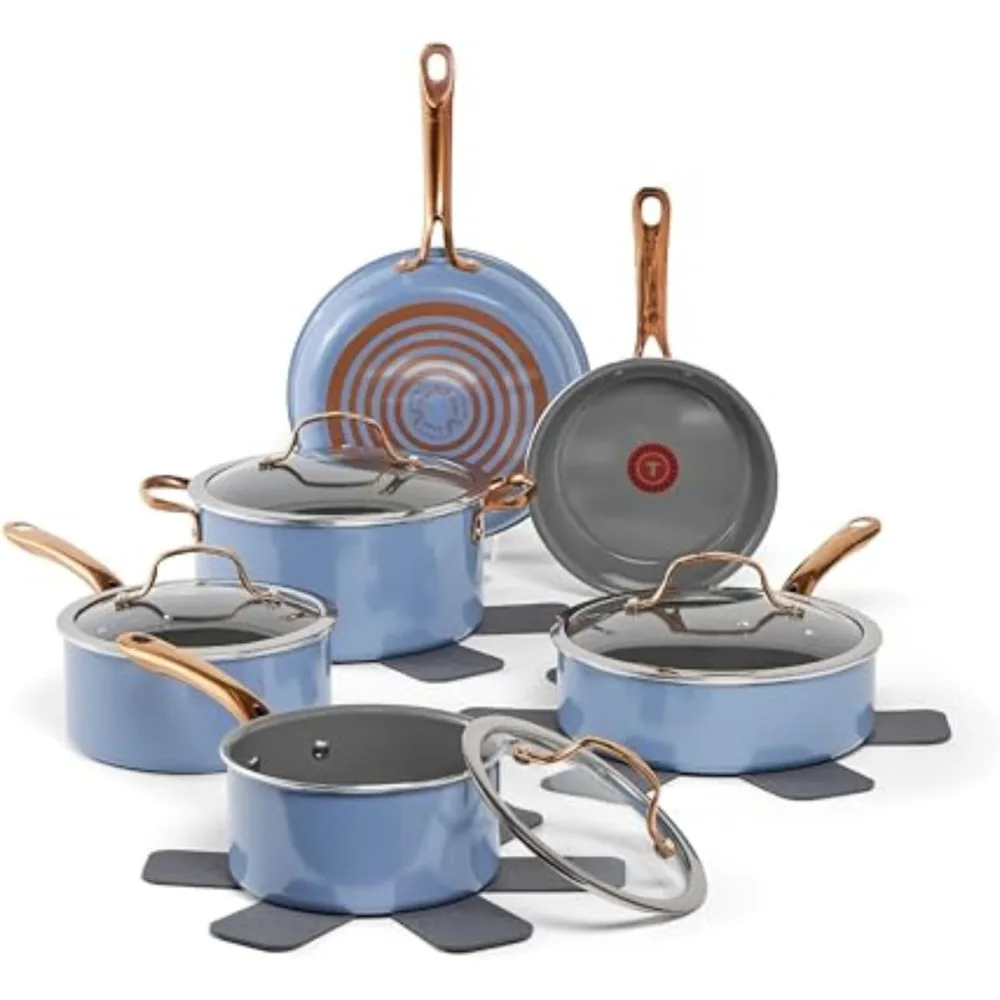 

T-Fal 13-Piece Ceramic Nonstick Cookware Set, Oven and Broiler Safe up to 350°F, with Stockpot, Saucepans, and Frying Pan