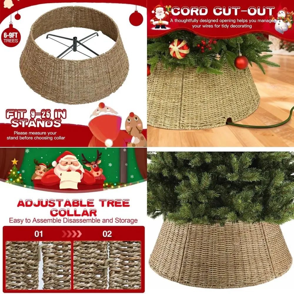 

28-дюймовый воротник для рождественской елки, рождественская юбка-карандаш для дерева 7,5 футов, плетеная крышка для основания дерева из натурального ротанга, тканая основа для корзины
