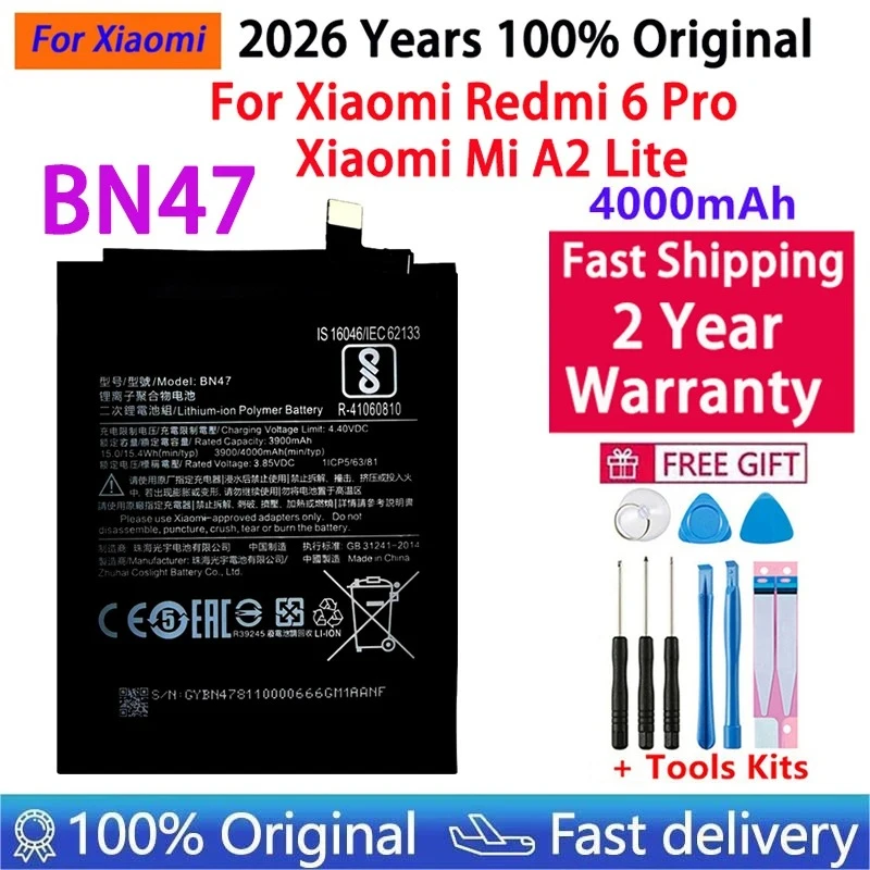 

BN47 New High Quality BN47 4000mAh Battery For Xiaomi Mi A2 Lite/Xiaomi Redmi 6 Pro BN47 Phone Replacement Batteries + Tools