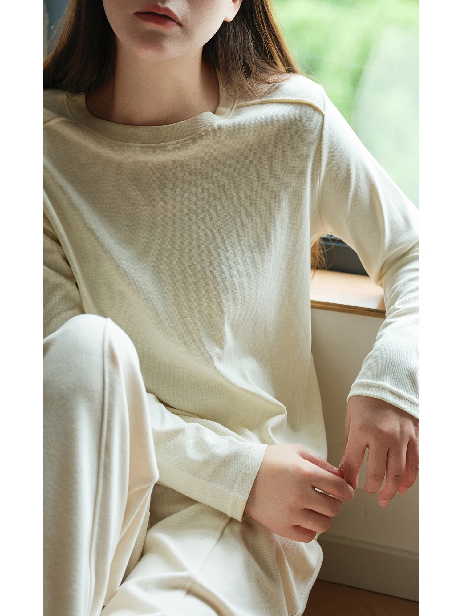 Slim Fit Long Sleeve round Neck T-Shirt Double Stitching Shoulder Seperation Combed Cotton Casual Style Women's Top