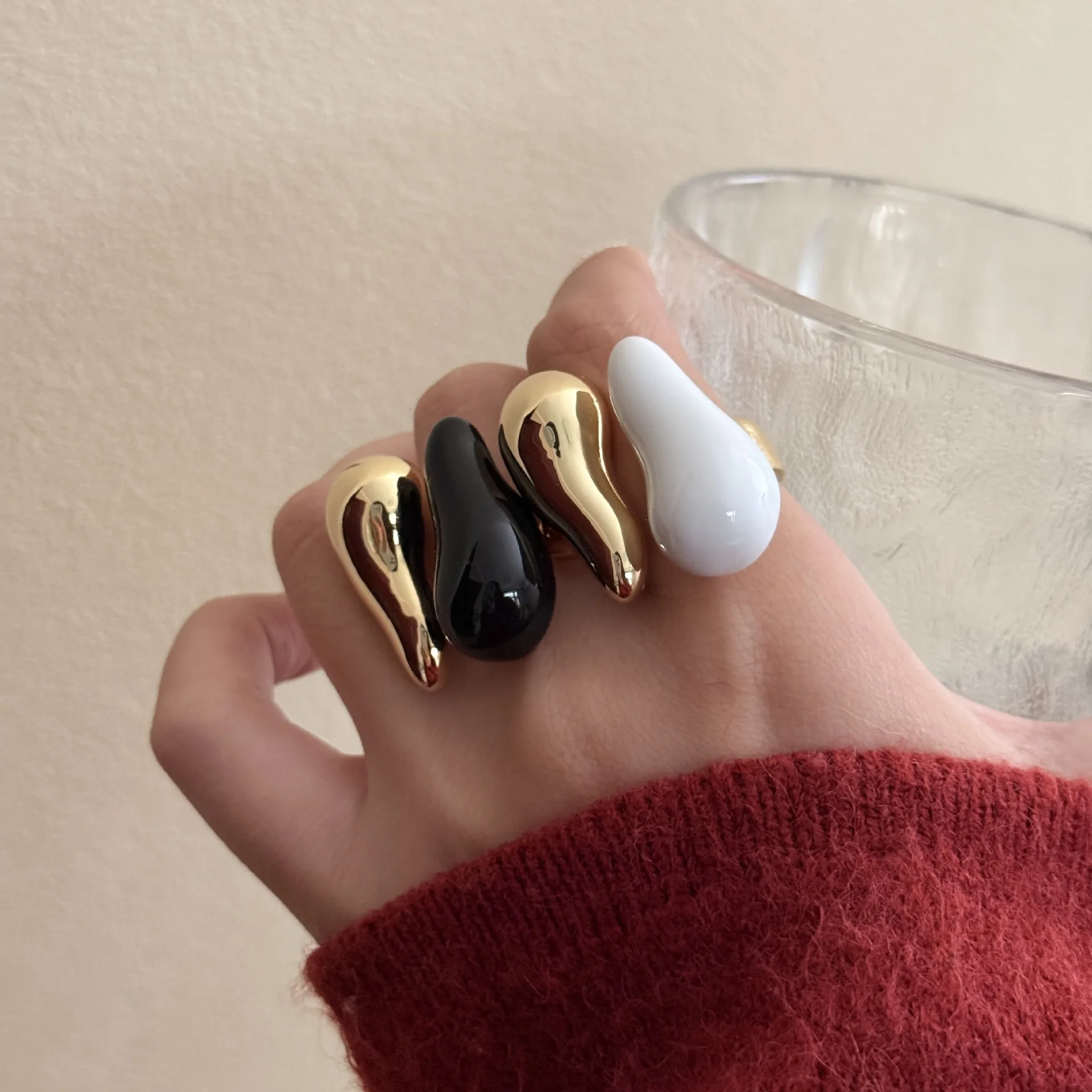Vintage Water Drop Irregular Enamel Open Adjustable Rings for Women Girls Gold Plated Trendy Finger Jewelry Gift