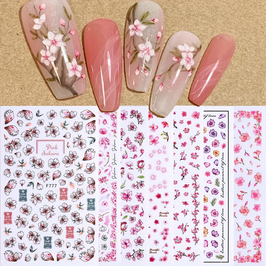 7 Stück rosa Kirschblüten-Nagelaufkleber, romantische Sakura-Blumen, Design-Aufkleber, Frühlings- und Sommer-Thema, elegante DIY-Charme-Maniküre-Folien