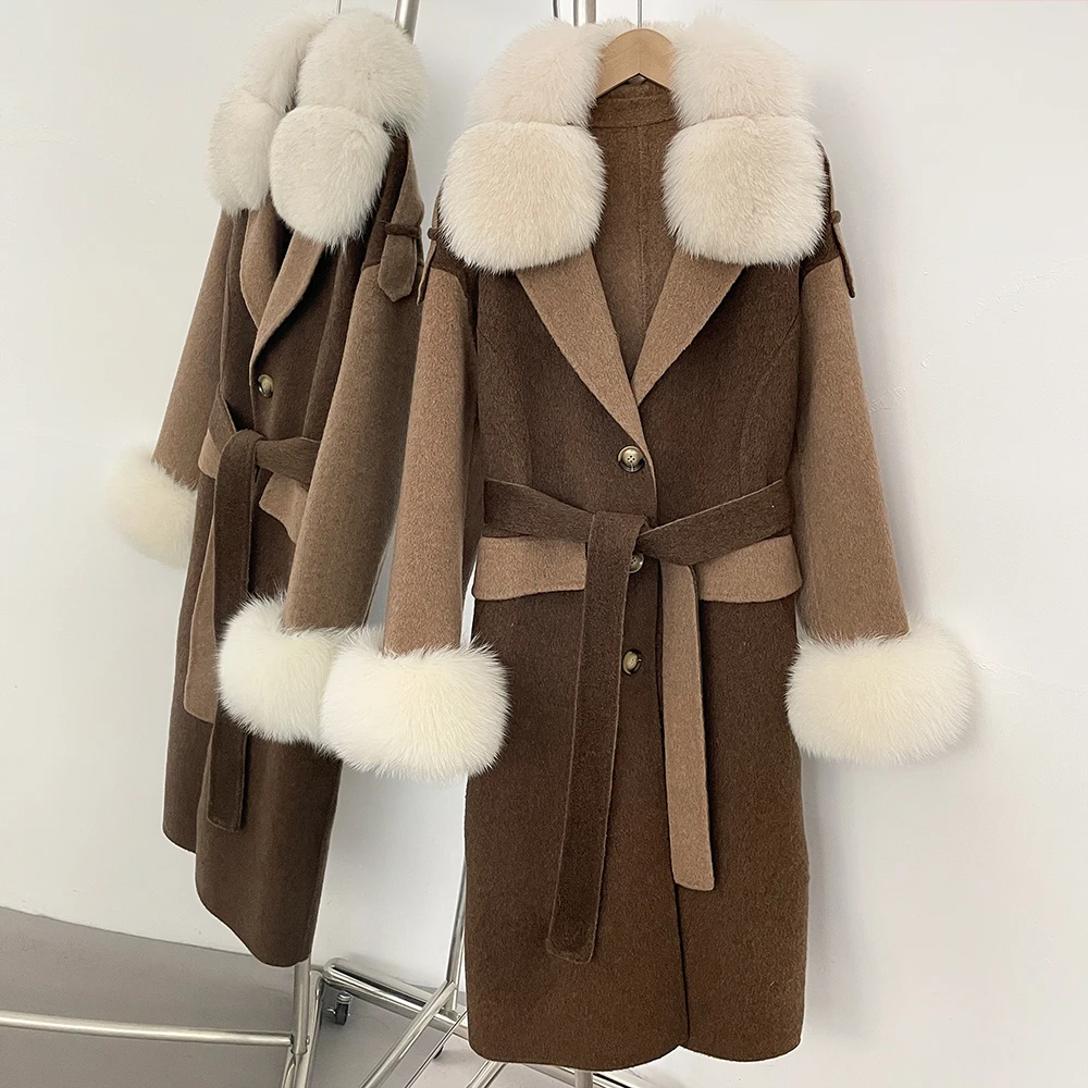 

Large Fur Wool Blend Coat Women Belt Lace Up New Real Fox Fur Jacket Female Hooded Autumn Winter Long Outerwear Reality Fur Coat
