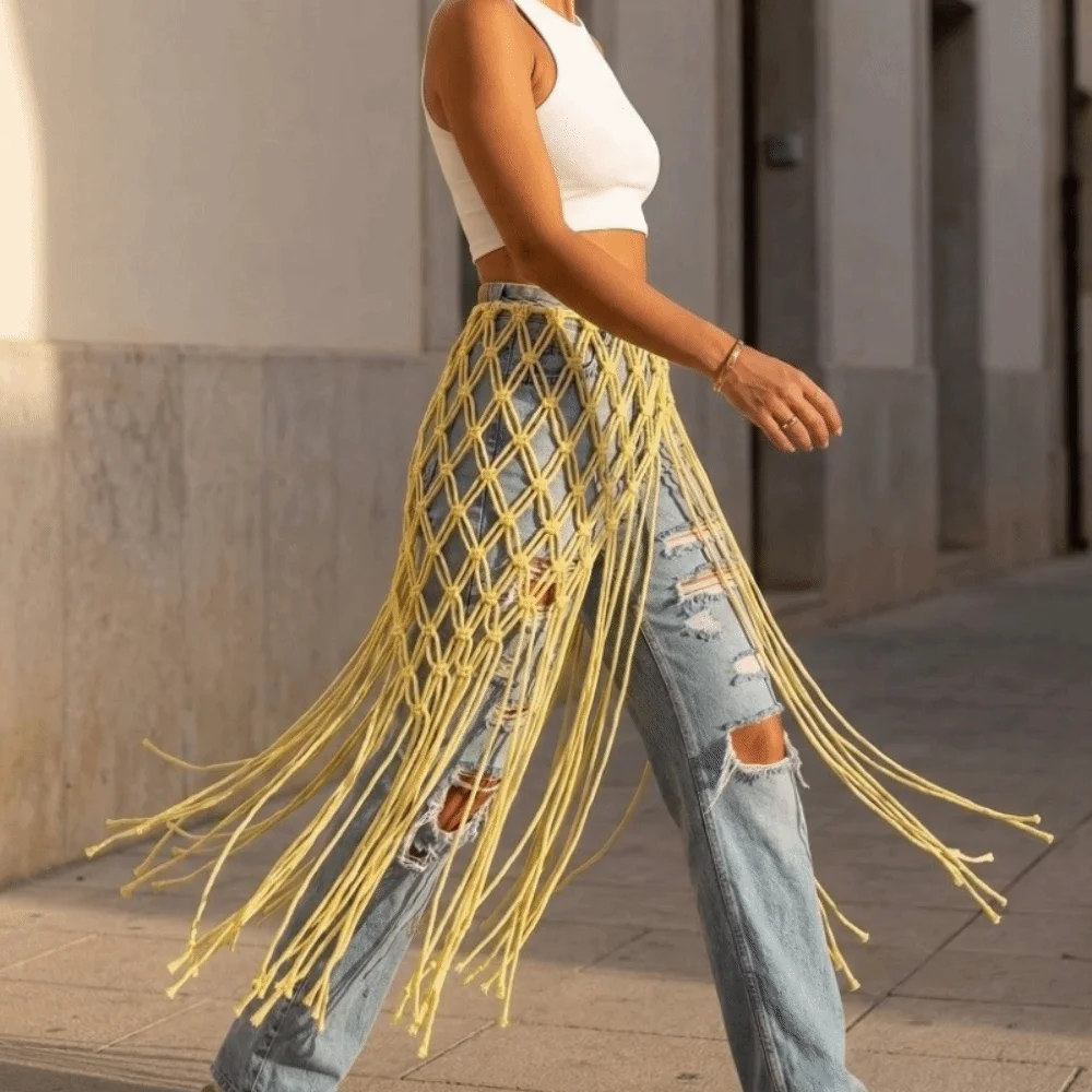 New Handwoven Mesh Tassel Waist Belt Woven Adjustable Waist Decoration Versatile Ethnic Ancient Belted Skirt Suit Accessory